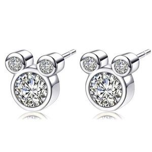 Unisex Mickey Minnie Mouse Crystal Diamond Silver Stud Pierced Earrings